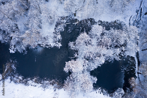 Drone view of lakes in snowy forest