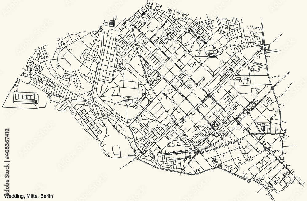 Black simple detailed street roads map on vintage beige background of the neighbourhood Wedding locality of the Mitte borough of Berlin, Germany
