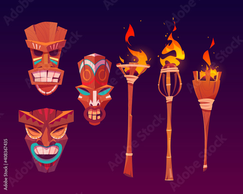Tiki masks and burning torches, tribal wooden totems, hawaiian or polynesian attributes, scary faces with toothy mouth decorated with painting isolated on dark background. Cartoon vector icons set