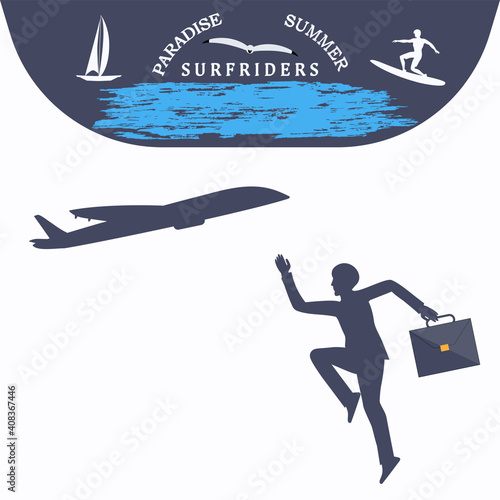 Travel planning. Airplane, businessman with a briefcase, thinks about surfing - vector. Vacation dream.