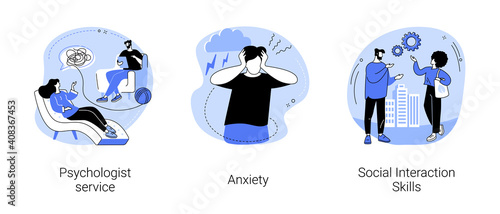 Mental health abstract concept vector illustration set. Psychologist service, anxiety, social interaction skills, family psychology, children therapy, panic attack, social network abstract metaphor.