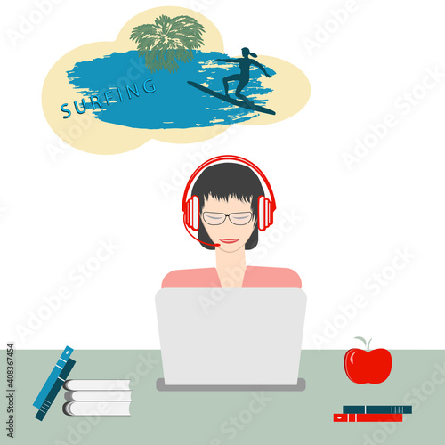 Travel planning. Woman with headphones working at the computer, thinking about surfing - vector. Vacation dream.