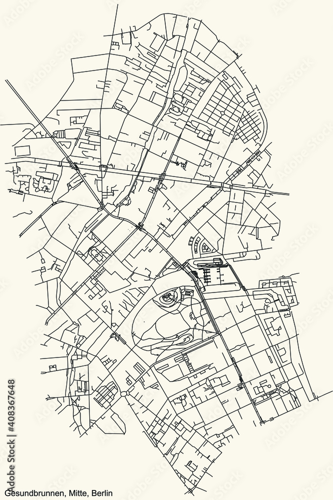 Black simple detailed street roads map on vintage beige background of the neighbourhood Gesundbrunnen locality of the Mitte borough of Berlin, Germany