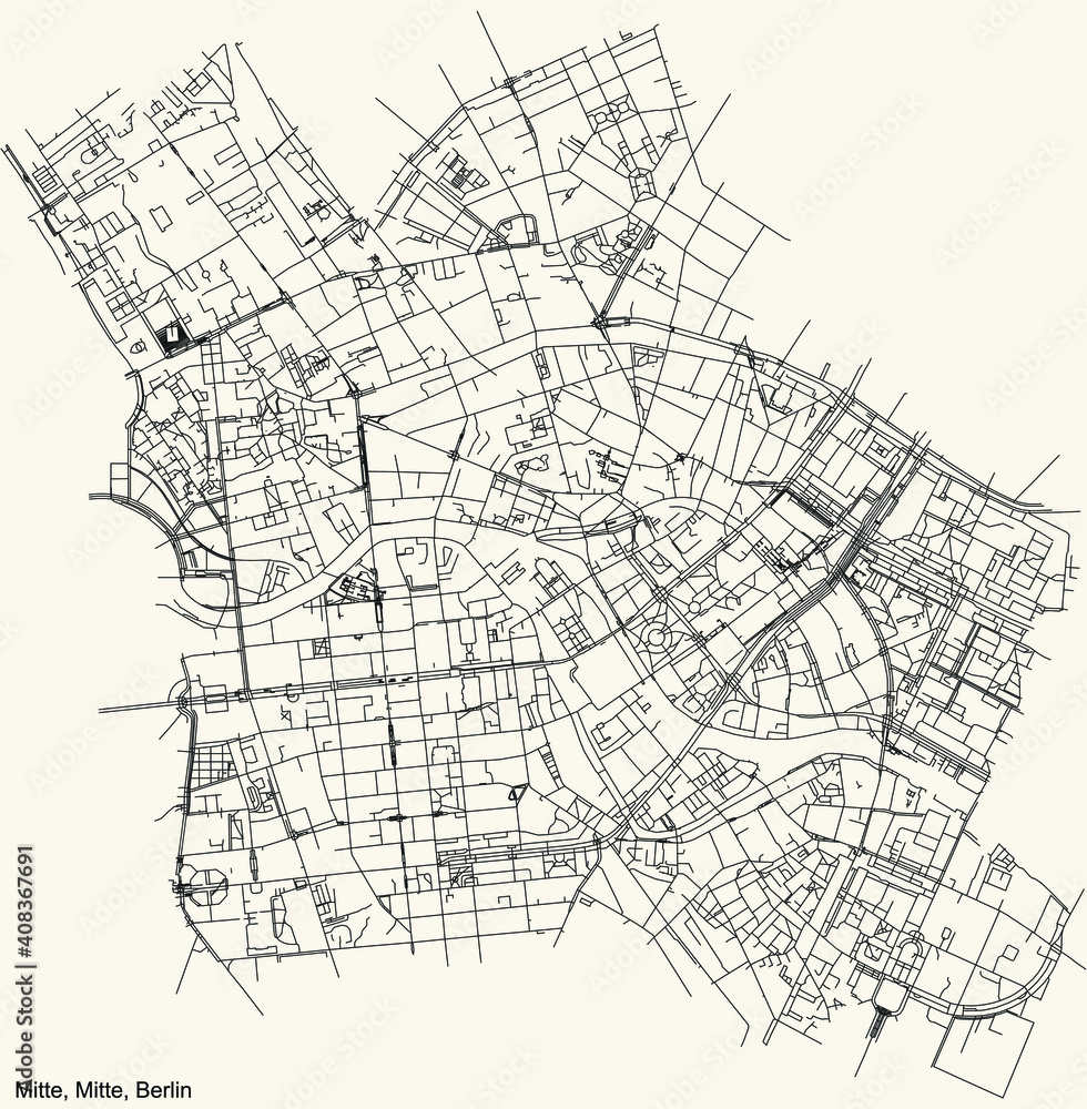 Black simple detailed street roads map on vintage beige background of the neighbourhood Mitte central locality of the Mitte borough of Berlin, Germany