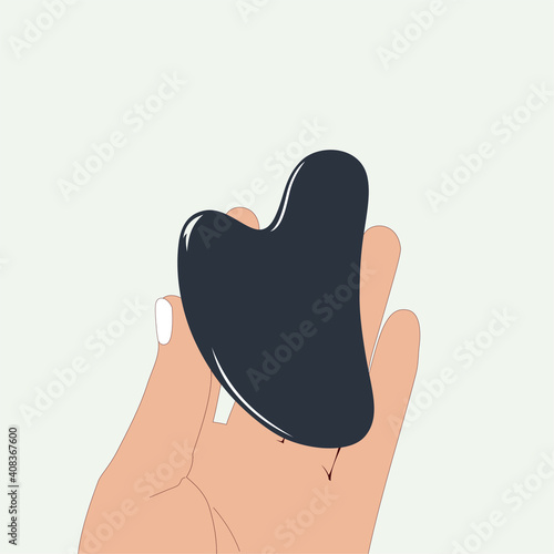 Hand holding gua sha massage tool. The Black Obsidian Facial Lifting scraper. Vector color illustration template.