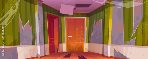 Corridor interior of old abandoned house with closed doors to rooms, broken floor and ceiling. Vector cartoon illustration of empty home hallway with mess, torn green wallpapers and spiderweb