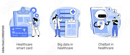 Technology in medicine abstract concept vector illustration set. Healthcare smart card, big data and chatbot in healthcare, electronic patient health records, clinic AI assistant abstract metaphor.