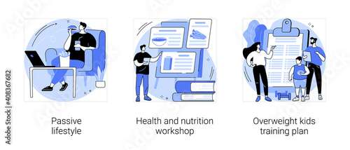 Break unhealthy habits abstract concept vector illustration set. Passive lifestyle, health and nutrition workshop, overweight kids training plan, child obesity, junk food, workout abstract metaphor.