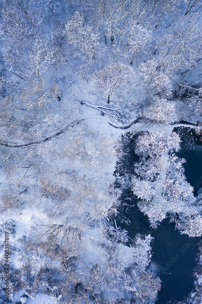 Blue pond in snowy forest, drone view