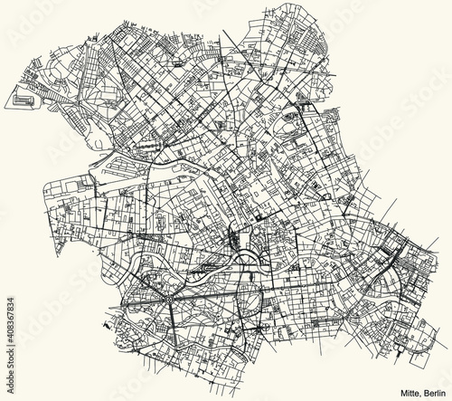 Black simple detailed street roads map on vintage beige background of the neighbourhood Mitte borough of Berlin, Germany