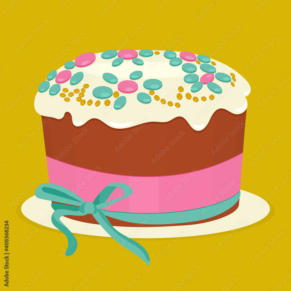 Cake for Easter. Vector image of a festive cake with icing and decoration for Easter. Traditional Easter cake on a bright background.
Cake for Easter. Vector image of a festive cake with icing and decoration for Easter. Traditional Easter cake on a bright background.