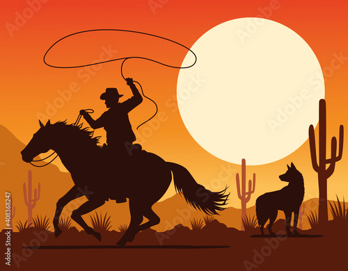 cowboy figure in horse lassoing and dog in desert landscape