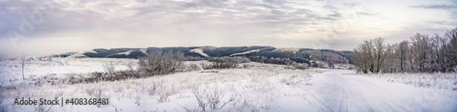 winter panorama - a landscape of snow fields, forests and roads on the horizon against the sky