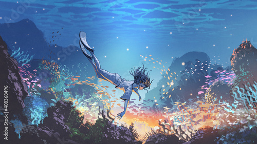woman dive underwater to see a mysterious light under the sea, digital art style, illustration painting