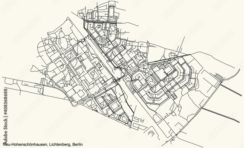 Black simple detailed street roads map on vintage beige background of the neighbourhood Neu-Hohenschönhausen locality of the Lichtenberg borough of Berlin, Germany