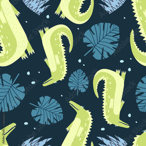 Cute seamless crocodile pattern. Vector illustration in cartoon style.