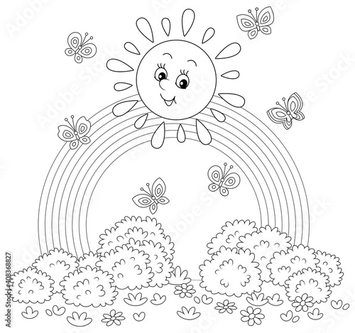 Friendly smiling sun with a rainbow and butterflies merrily flittering over a pretty field with flowers and bushes after warm summer rain, black and white outline vector cartoon