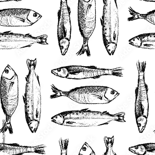 Vector seamless pattern with hand drawn fish made with chalk. Grunge drawing, graphic style. Perfect print for any business related to the food industry.