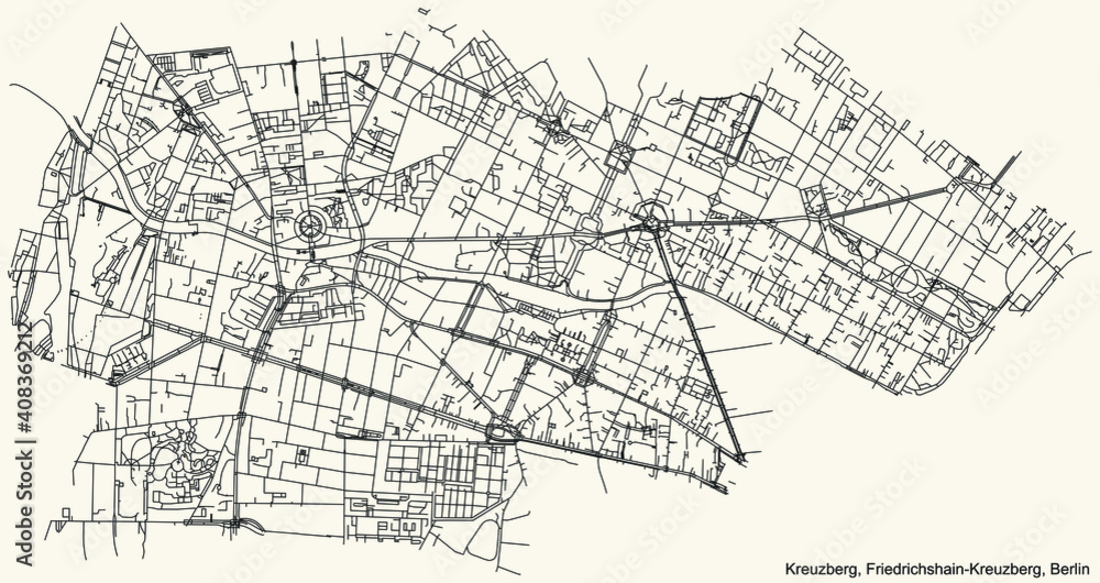Naklejka premium Black simple detailed street roads map on vintage beige background of the neighbourhood Kreuzberg locality of the Friedrichshain-Kreuzberg borough of Berlin, Germany