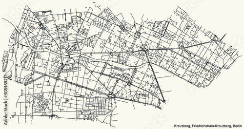 Black simple detailed street roads map on vintage beige background of the neighbourhood Kreuzberg locality of the Friedrichshain-Kreuzberg borough of Berlin, Germany