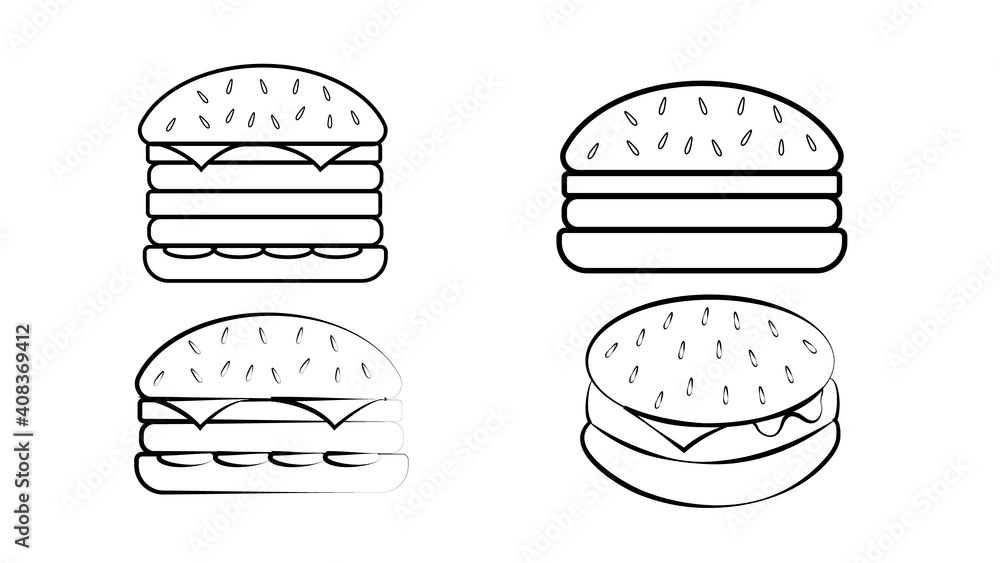 Burger icons set. Outline set of burger vector icons for web design isolated on white background Burger icons set. Outline set of burger vector icons for web design isolated on white background