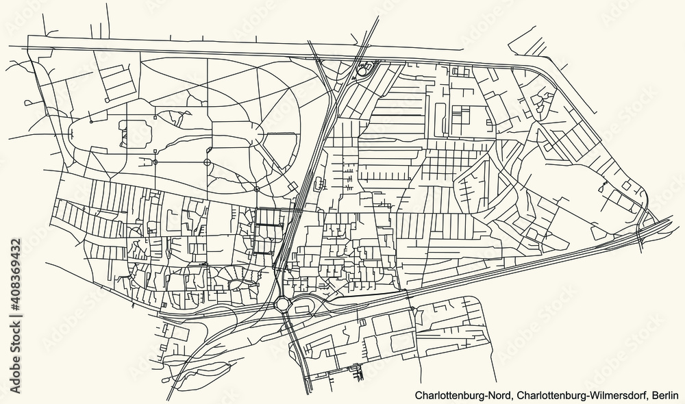 Black simple detailed street roads map on vintage beige background of the neighbourhood Charlottenburg-Nord locality of the Charlottenburg-Wilmersdorf borough of Berlin, Germany