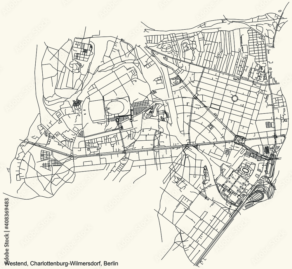 Black simple detailed street roads map on vintage beige background of the neighbourhood Westend locality of the Charlottenburg-Wilmersdorf borough of Berlin, Germany