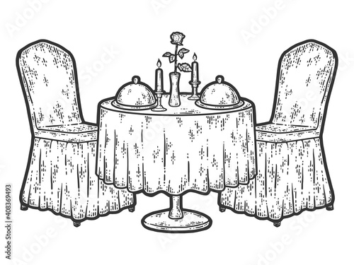 Romantic table. Romantic dinner. Valentines Day. Engraving vector illustration.
