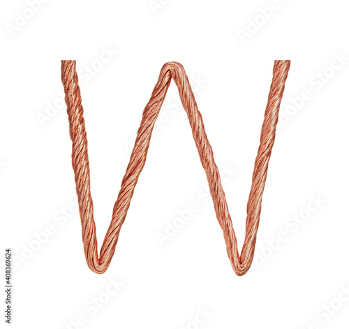 Letter W made of copper wire  isolated on white background