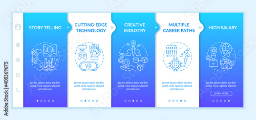Game design industry benefits onboarding vector template. Powerful story telling during main plot. Responsive mobile website with icons. Webpage walkthrough step screens. RGB color concept