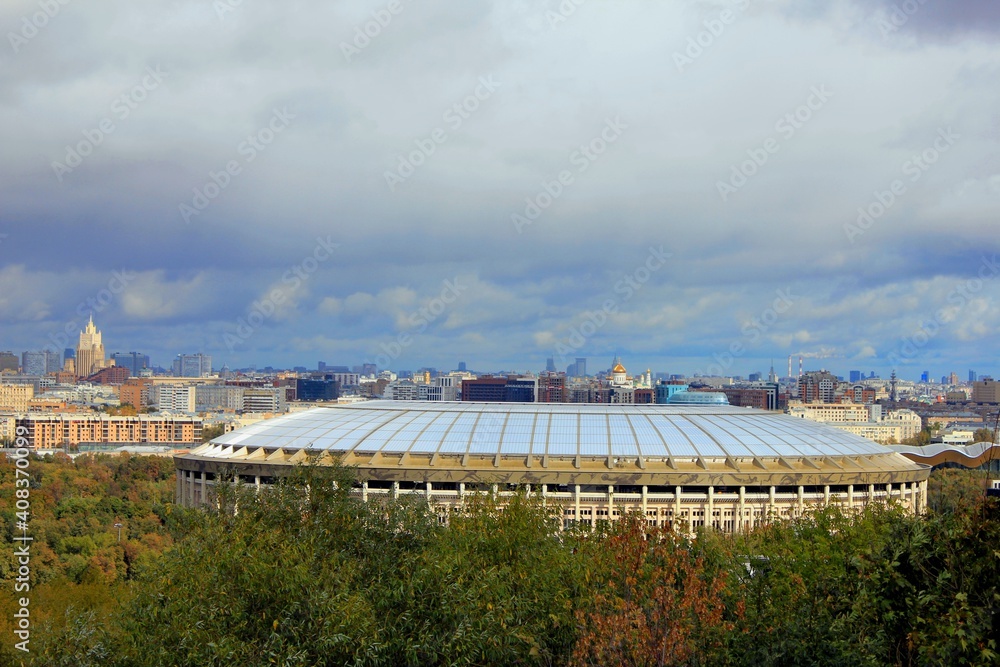 View of parks, sports facilities, buildings of Moscow from the Sparrow Hills.