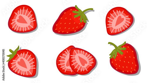 Fototapeta Naklejka Na Ścianę i Meble -  vector illustration close up top view of fresh ingredient sliced. strawberry, half, cut, white background, 