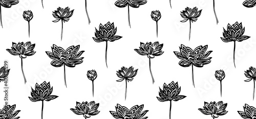 Seamless hand drawn lotus flowers pattern, endless outline stem wildflower sketch. Vector black ink drawing isolated on white background. Backdrop floral graphic illustration