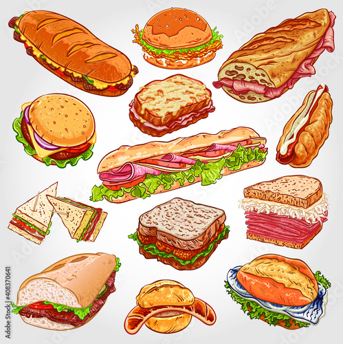 Vector illustration of various sandwiches; Philly Cheese Steak, Fried Chicken, Jambon Beurre, Hamburger, Croque Monsieur, Baguette, Hot Dog, Club, Fish Finger, Reuben, Doner, Bratwurst, Fish Sandwich.