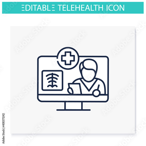 Teleradiology line icon. Telehealth medical care. Virtual radiographer consultation. Telemedicine, health care concept. Online medicine, roentgenology. Isolated vector illustration. Editable stroke 