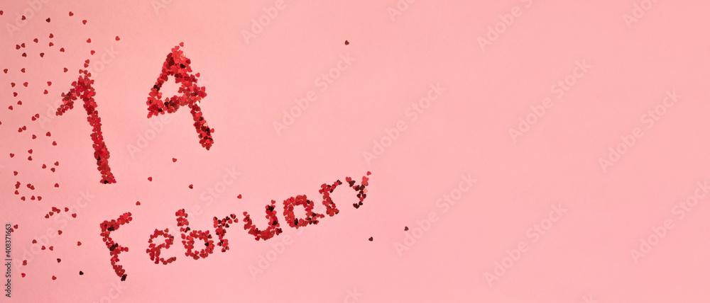 The inscription 14 February with sparkles on pink background. Valentines Day. Banner. Flatlay - obrazy, fototapety, plakaty 