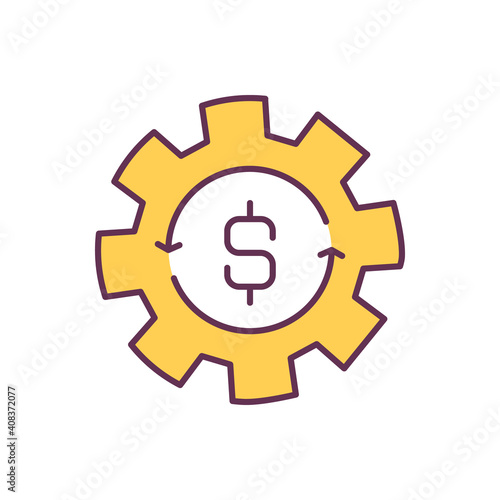 Budget optimization RGB color icon. Business process optimization. Cost reduction measures Value chain components. Gear and dollar sign. Company finance improvement. Isolated vector illustration