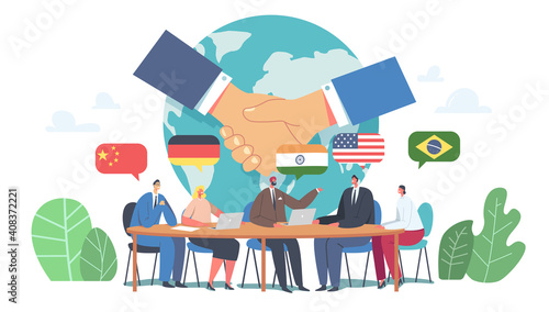 International Negotiations, Diplomacy, Political Meeting at Round Table Concept. Delegates Solve World Issues Conference