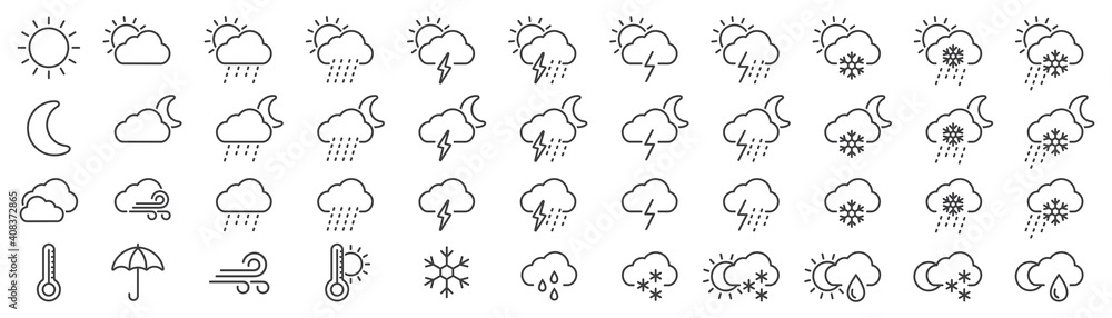 Weather icons set in line style, Weather isolated on white background. Clouds logo and sign, vector illustration Weather icons set in line style, Weather isolated on white background. Clouds logo and sign, vector illustration