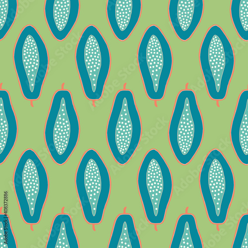 Green and blue papaya repeat seamless pattern. Green background