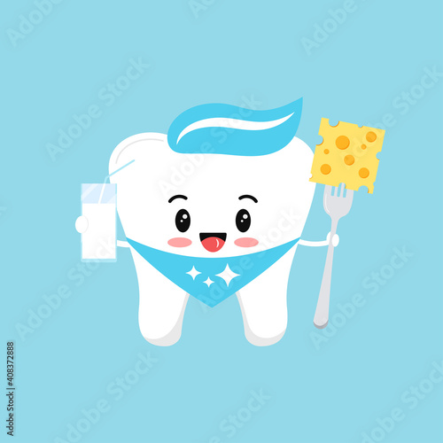Cute tooth molar with milk and cheese on fork. Flat design cartoon style smiling character vector illustration. Happy white tooth isolated on background. Children food for dental teeth health concept.