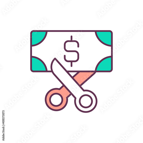 Cost cutting measures. RGB color icon. Closing facilities. Eliminating outside services. Business process optimization. Company optimization. Value chain components. Isolated vector illustration