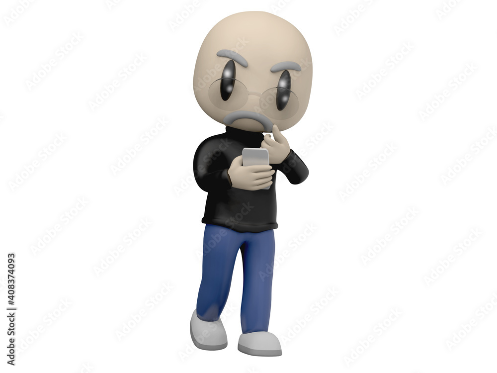 CLIPPING PATH 3D RENDER ILLUSTRATION human man people tourist glasses hand holding mobile smart phone. cartoon character thinker mastermind sage thinking idea. Copy space Isolated white background.