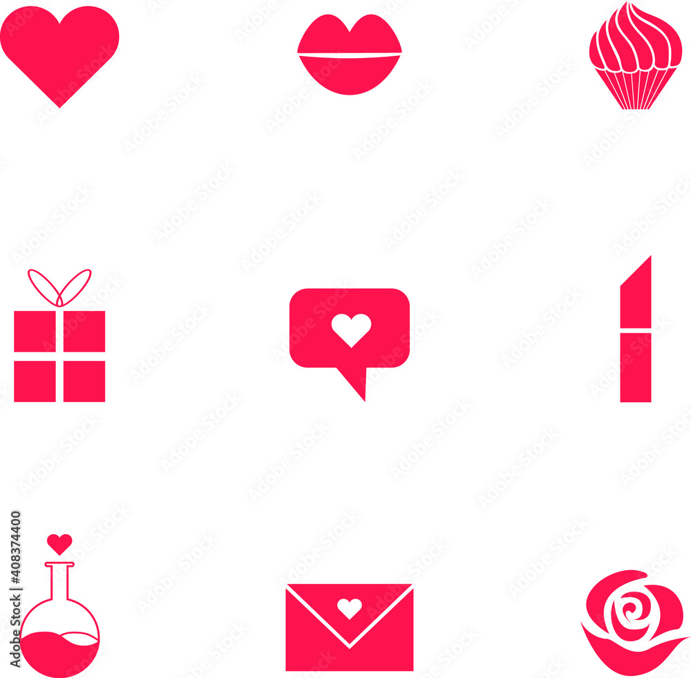 Love vector icons set. Valentine's Day. Icon set heart, kiss, cupcake, gift, love message, lipstick, potion, letter and rose Love vector icons set. Valentine's Day. Icon set heart, kiss, cupcake, gift, love message, lipstick, potion, letter and rose