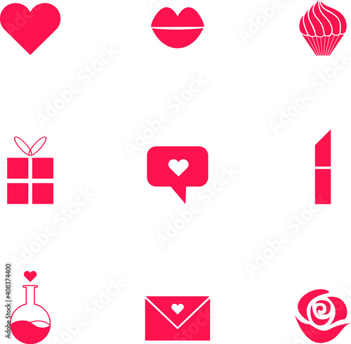 Love vector icons set. Valentine's Day. Icon set heart, kiss, cupcake, gift, love message, lipstick, potion, letter and rose