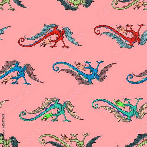 Seamless pattern of funny  cute  winged dinosaurs on a colored background. Prehistoric reptiles. Jurassic period. Vector illustration. Seamless