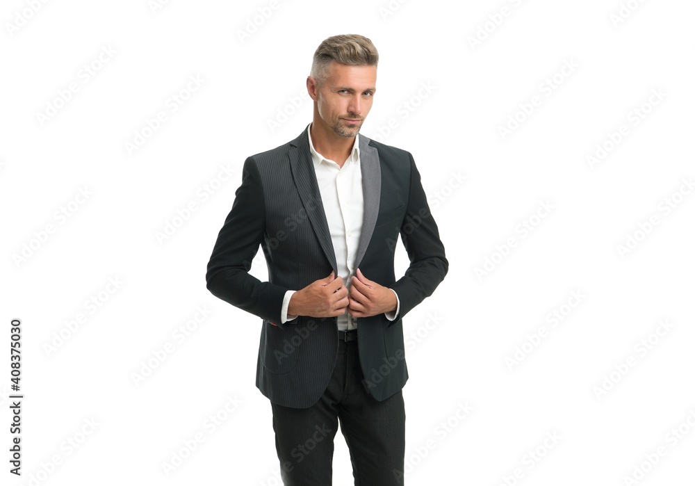 Handsome senior manager wear formal suit with classy look isolated on white, menswear Handsome senior manager wear formal suit with classy look isolated on white, menswear