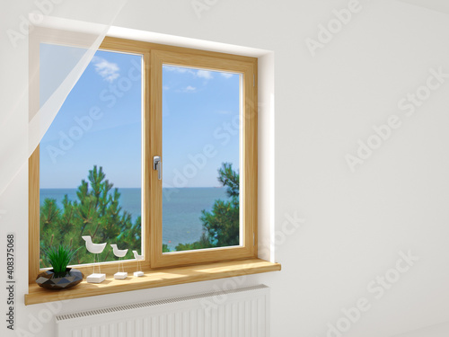 Modern double wooden window in the interior