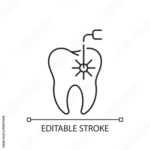 Laser dental procedures linear icon. Tooth laser dentistry. Instruments for dental treatment. Thin line customizable illustration. Contour symbol. Vector isolated outline drawing. Editable stroke