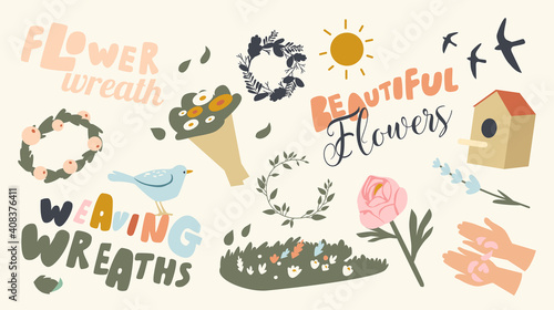 Set of Icons Weaving Wreaths Theme. Sun Shining, Bouquet of Blossoms, Hands Holding Petals and Green Meadow, Swallows